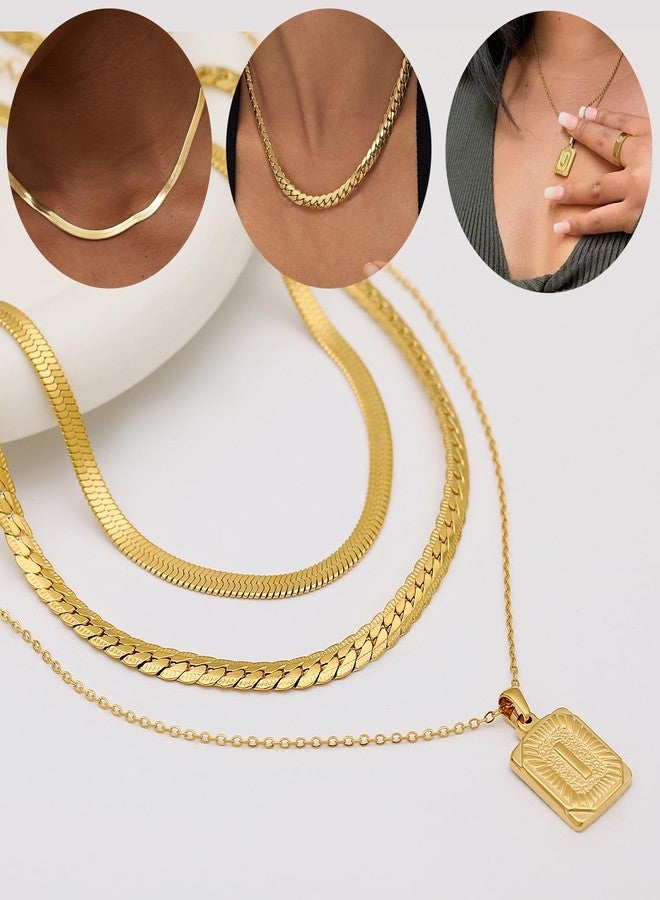 FUNEIA Layered Gold Initial Necklace for Women Trendy Dainty 18K Gold Plated Initial A-Z letter Pendant Necklace Stacked Layering Herringbone Flat Snake Chain Choker Necklaces Set Pack Jewelry Gifts - Image 3